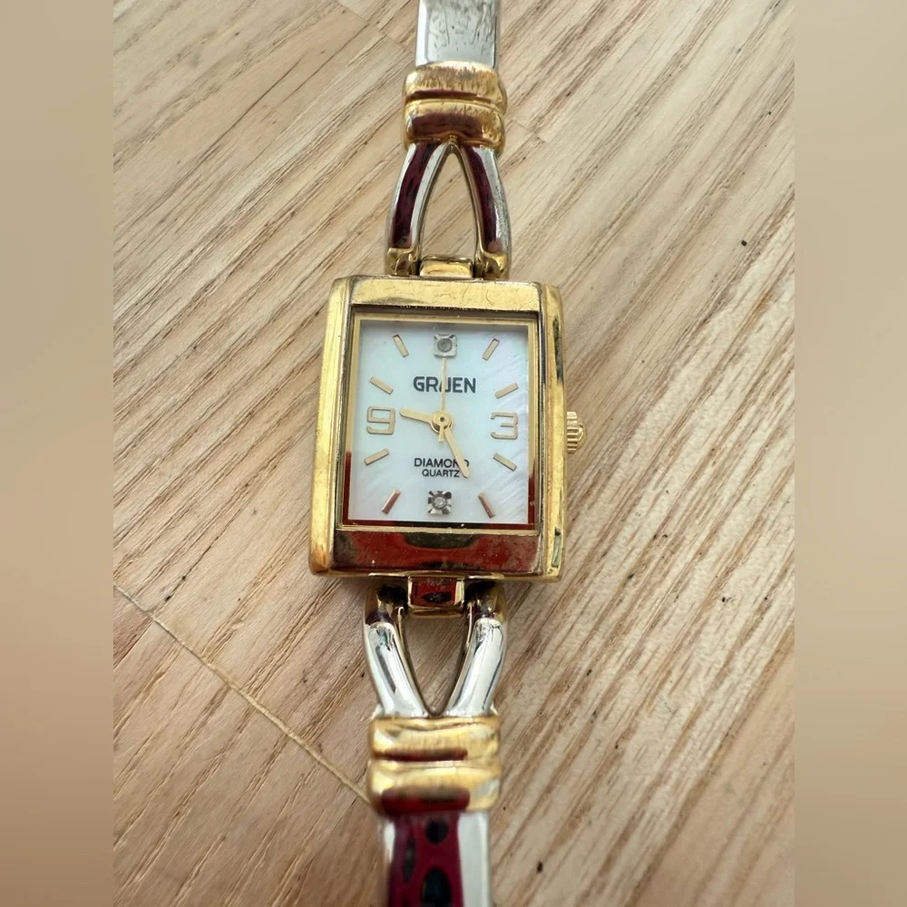 Vintage Gruen ladies diamond rectangular two tone dress watch NEW BATTERY